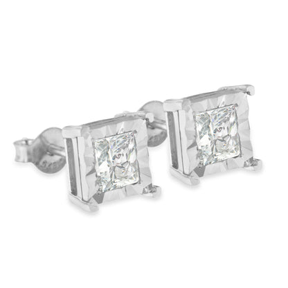 .925 Sterling Silver 1.0 Cttw Miracle Set Princess-cut Diamond Solitaire Stud Earrings (H-I Color, I2-I3 Clarity) by Bids.com