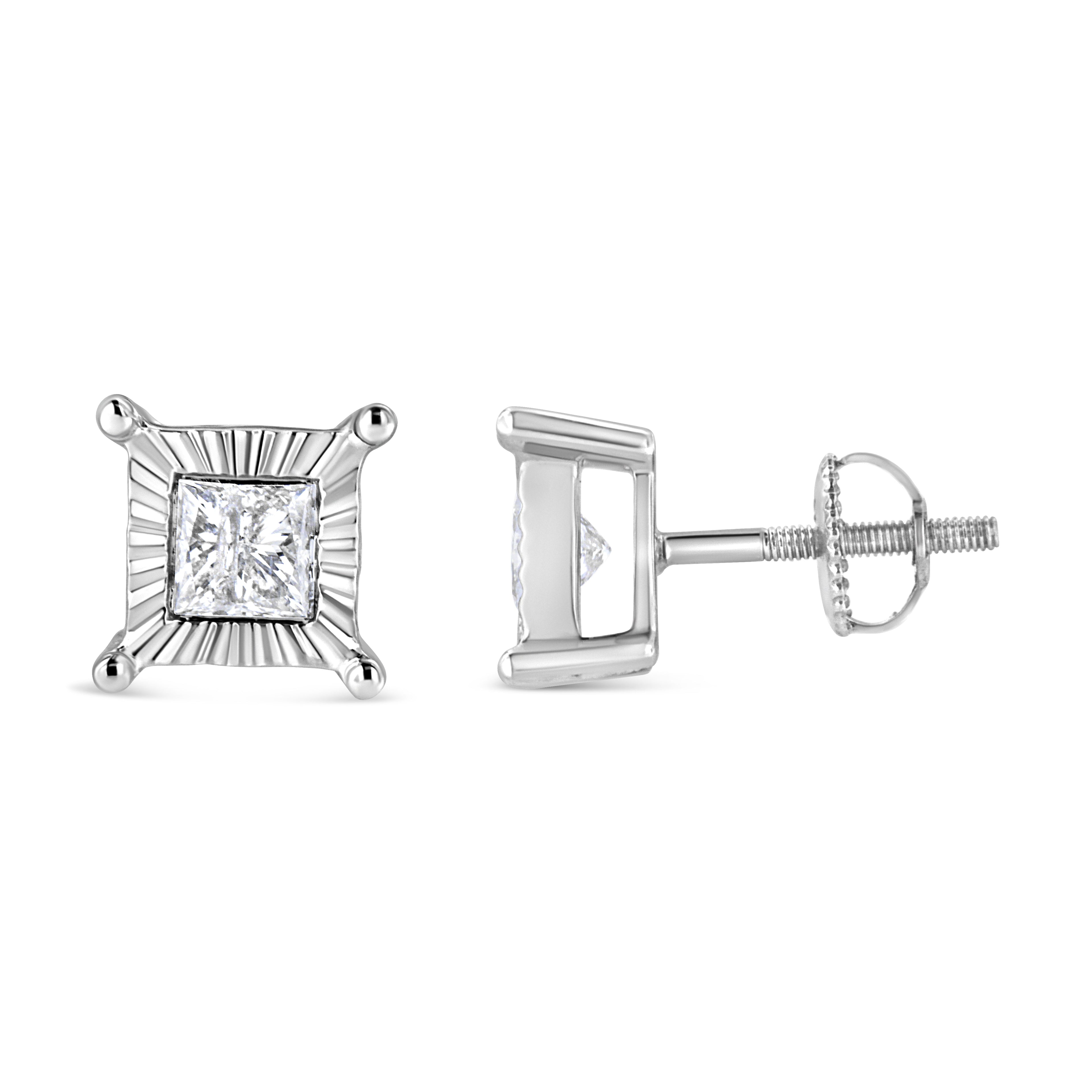 .925 Sterling Silver 1.0 Cttw Miracle Set Princess-cut Diamond Solitaire Stud Earrings (H-I Color, I2-I3 Clarity) by Bids.com