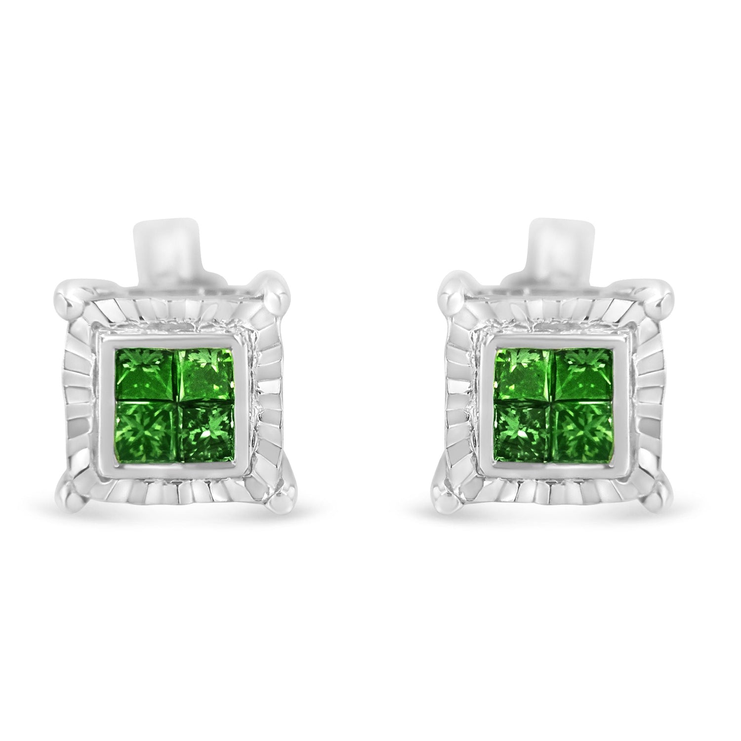 Sterling Silver Color Treated Princess Diamond Quad Stud Earring (1/2 cttw, Green Color, I1-I2 Clarity) by Bids.com