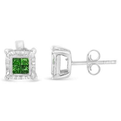Sterling Silver Color Treated Princess Diamond Quad Stud Earring (1/2 cttw, Green Color, I1-I2 Clarity) by Bids.com