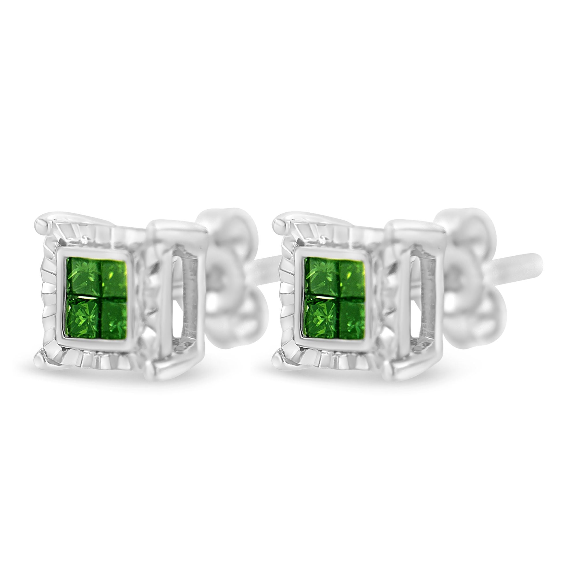Sterling Silver Color Treated Princess Diamond Quad Stud Earring (1/2 cttw, Green Color, I1-I2 Clarity) by Bids.com