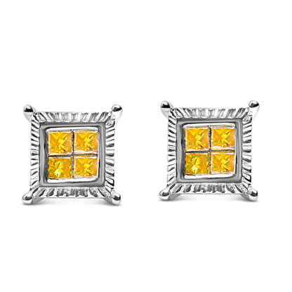 .925 Sterling Silver 1/2 Cttw Yellow Princess Diamond Quad Stud Earring by Bids.com