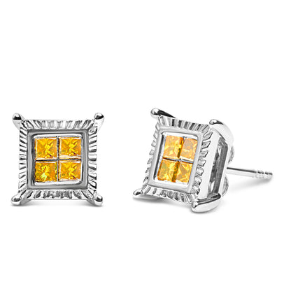 .925 Sterling Silver 1/2 Cttw Yellow Princess Diamond Quad Stud Earring by Bids.com