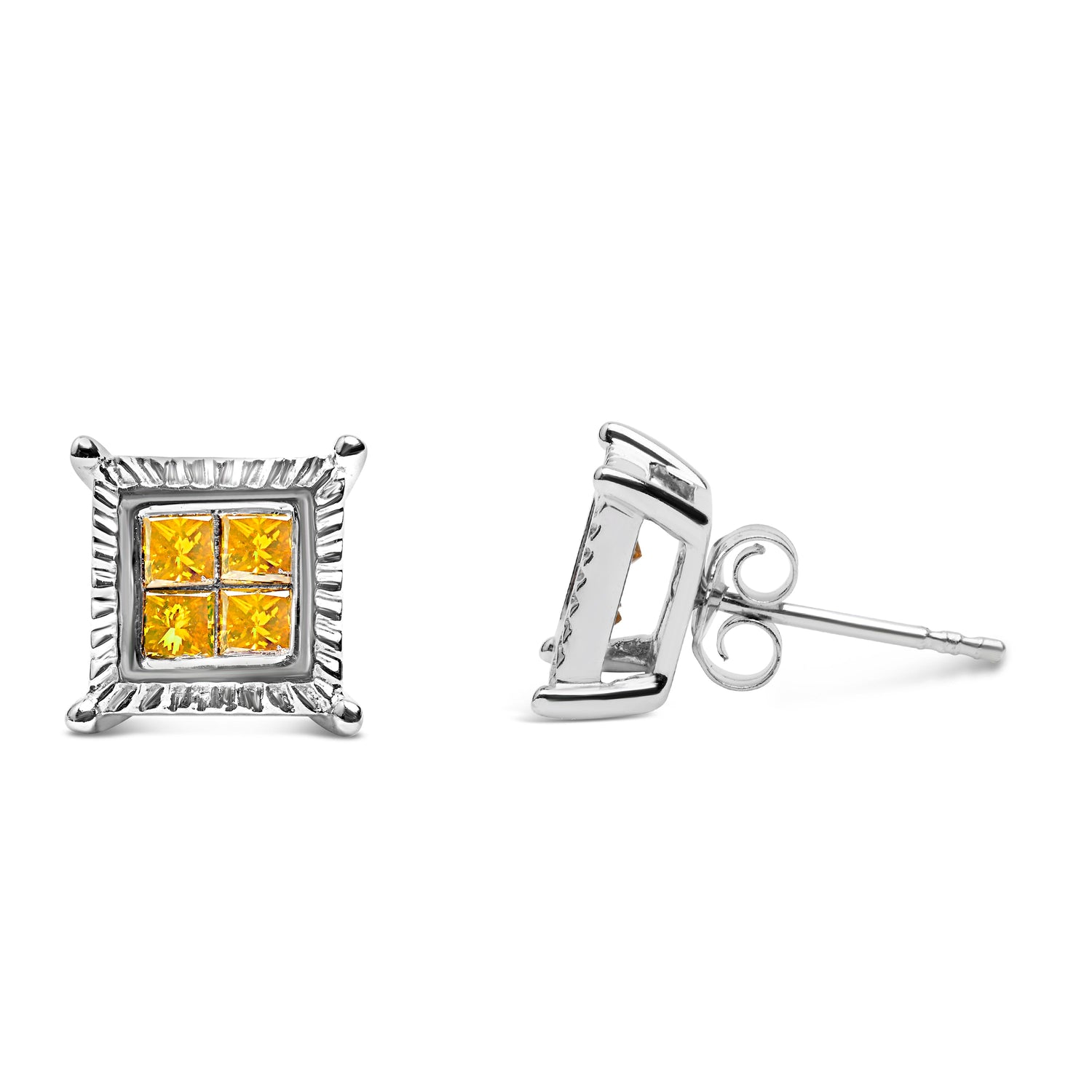.925 Sterling Silver 1/2 Cttw Yellow Princess Diamond Quad Stud Earring by Bids.com