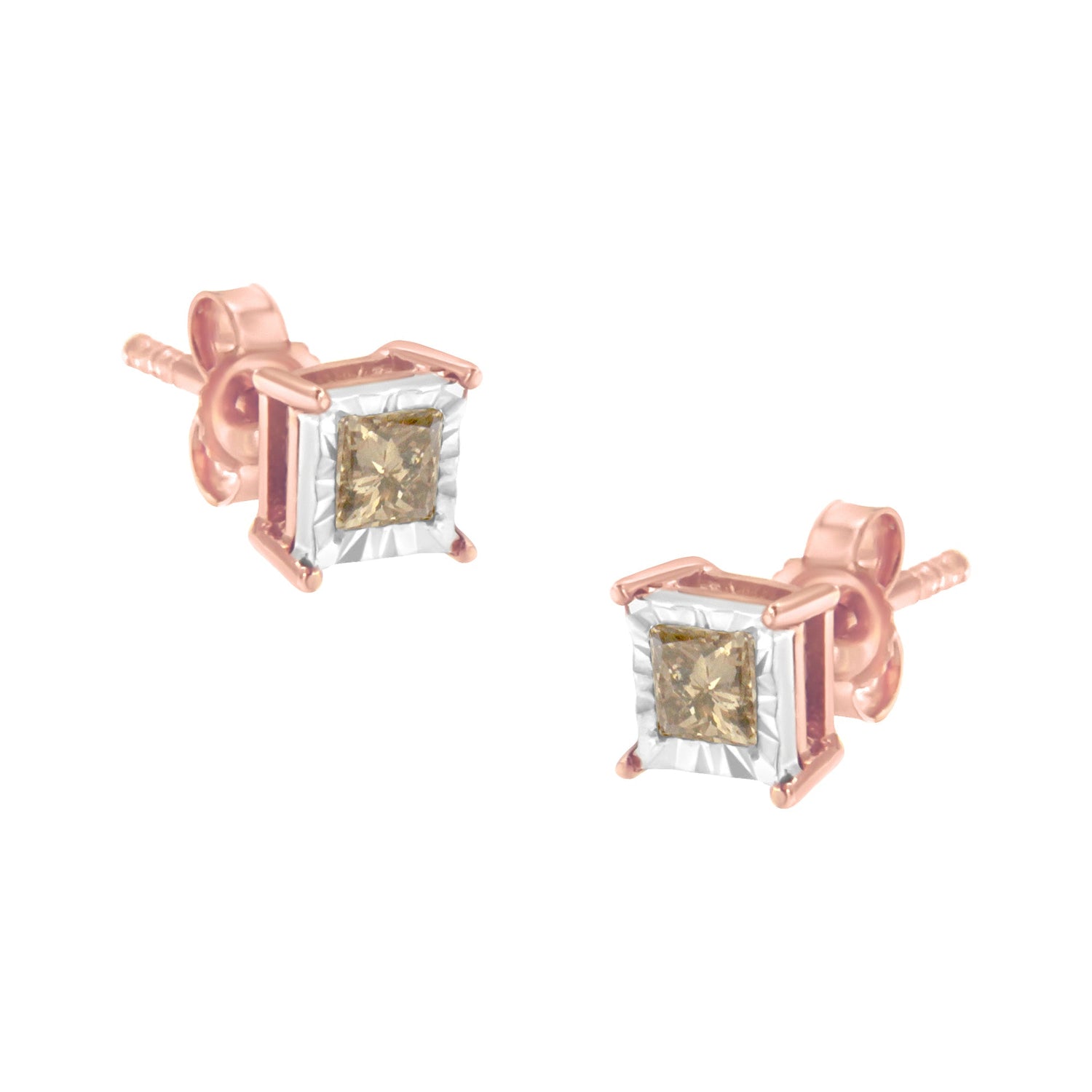 14K Rose Gold Plated Two-Tone .925 Sterling Silver 1/2 Cttw Princess-Cut Square Diamond Solitaire Miracle-Plate Stud Earrings (K-L Color, I2-I3 Clarity) by Bids.com