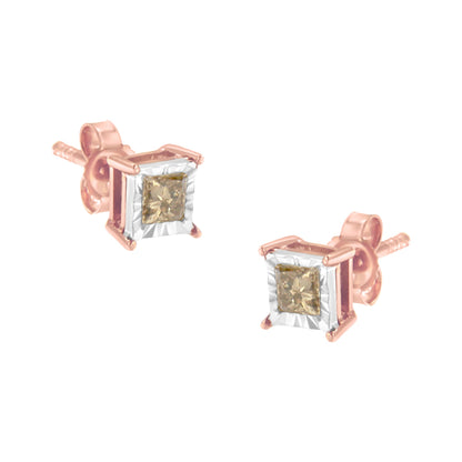 14K Rose Gold Plated Two-Tone .925 Sterling Silver 1/2 Cttw Princess-Cut Square Diamond Solitaire Miracle-Plate Stud Earrings (K-L Color, I2-I3 Clarity) by Bids.com