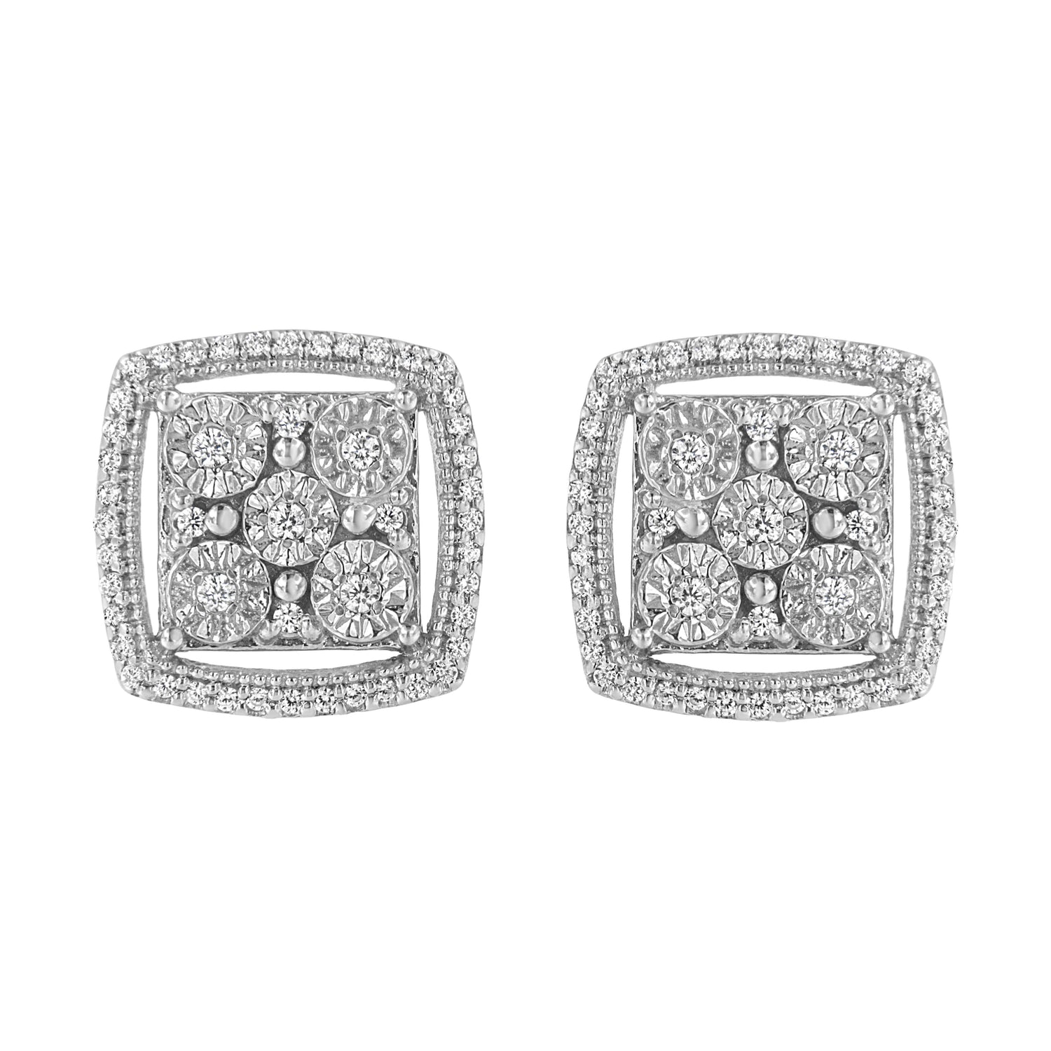 .925 Sterling Silver 3/8 Cttw Miracle Set Round Diamond Double Halo Cluster Earrings (I-J Color, I2-I3 Clarity) by Bids.com
