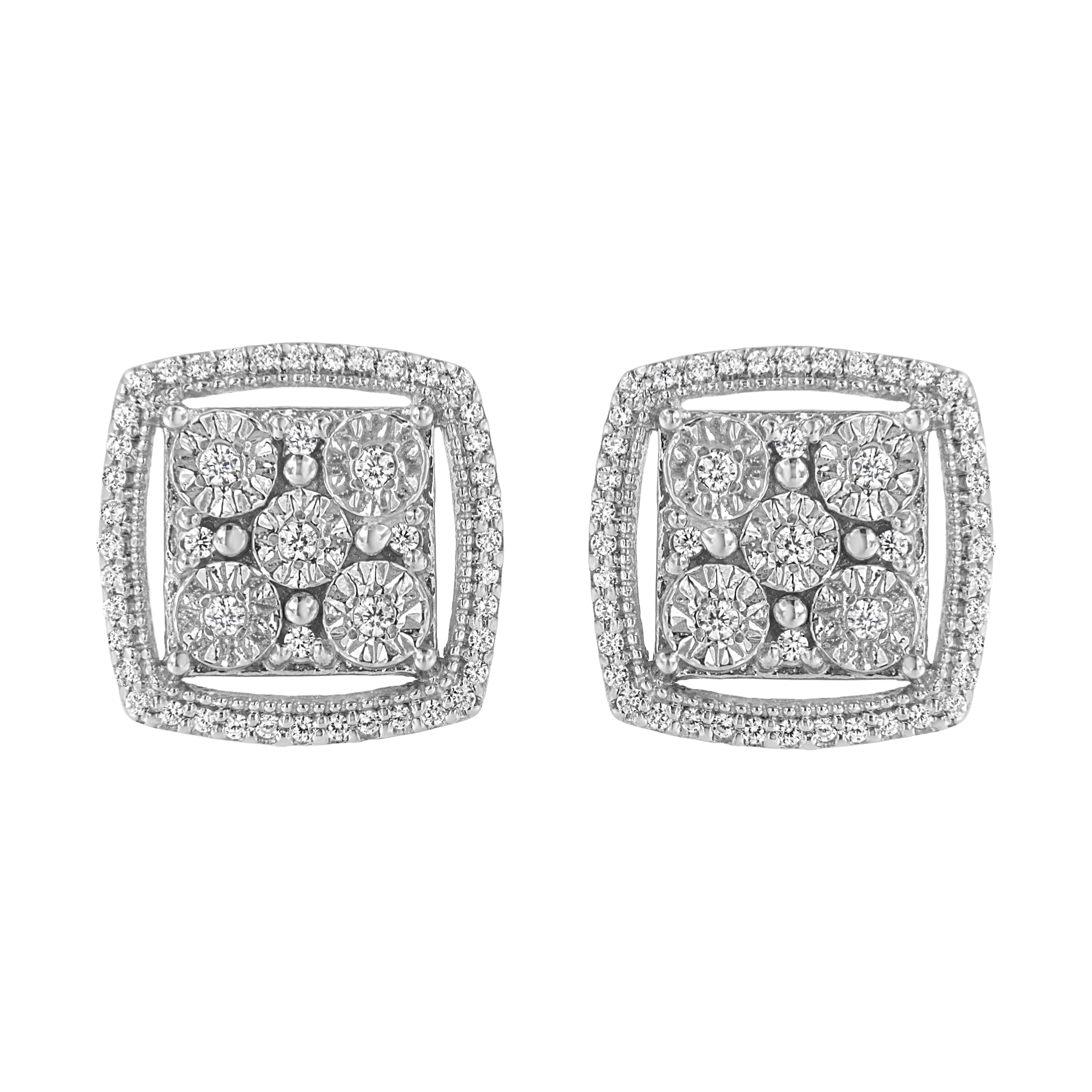 .925 Sterling Silver 3/8 Cttw Miracle Set Round Diamond Double Halo Cluster Earrings (I-J Color, I2-I3 Clarity) by Bids.com