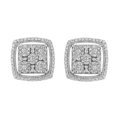 .925 Sterling Silver 3/8 Cttw Miracle Set Round Diamond Double Halo Cluster Earrings (I-J Color, I2-I3 Clarity) by Bids.com