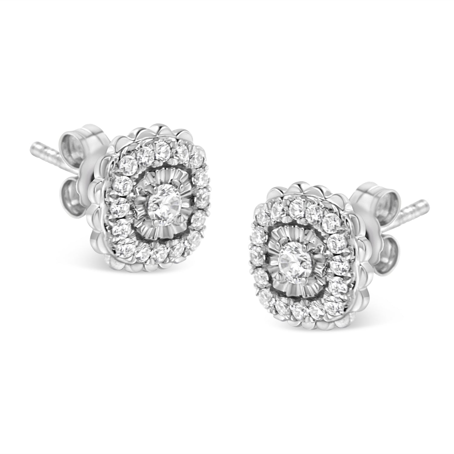 .925 Sterling Silver 1/2 Cttw Round-Cut Diamond Halo Cluster Stud Earring (I-J Color, I2-I3 Clarity) by Bids.com