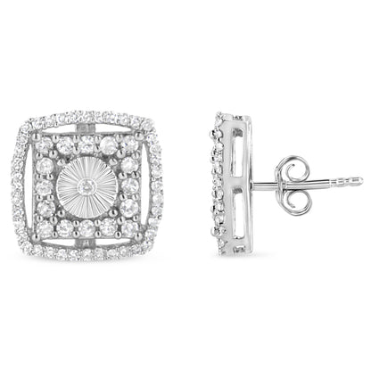 .925 Sterling Silver 1.0 Cttw Round Diamond Double Halo and Disc Stud Earring (I-J Color, I2-I3 Clarity) by Bids.com