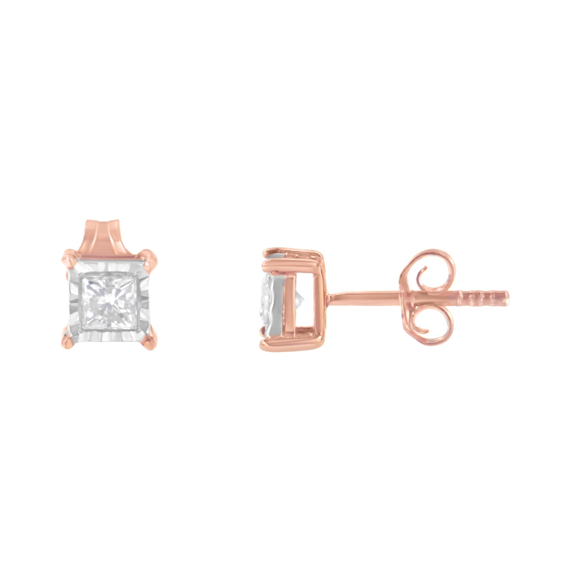 14K Rose Gold Plated Two-Tone .925 Sterling Silver 1/2 Cttw Princess-Cut Square Near Colorless Diamond Solitaire Miracle-Plate Stud Earrings (J-K Color, I2-I3 Clarity) by Bids.com