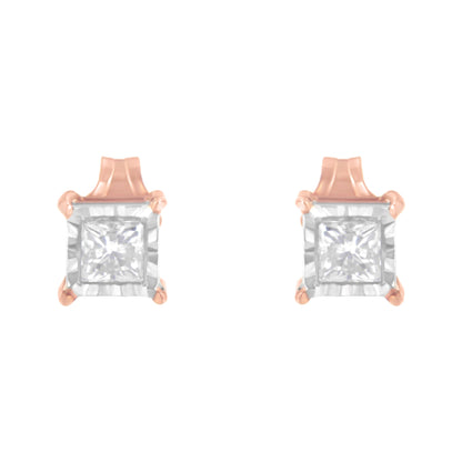 14K Rose Gold Plated Two-Tone .925 Sterling Silver 1/2 Cttw Princess-Cut Square Near Colorless Diamond Solitaire Miracle-Plate Stud Earrings (J-K Color, I2-I3 Clarity) by Bids.com