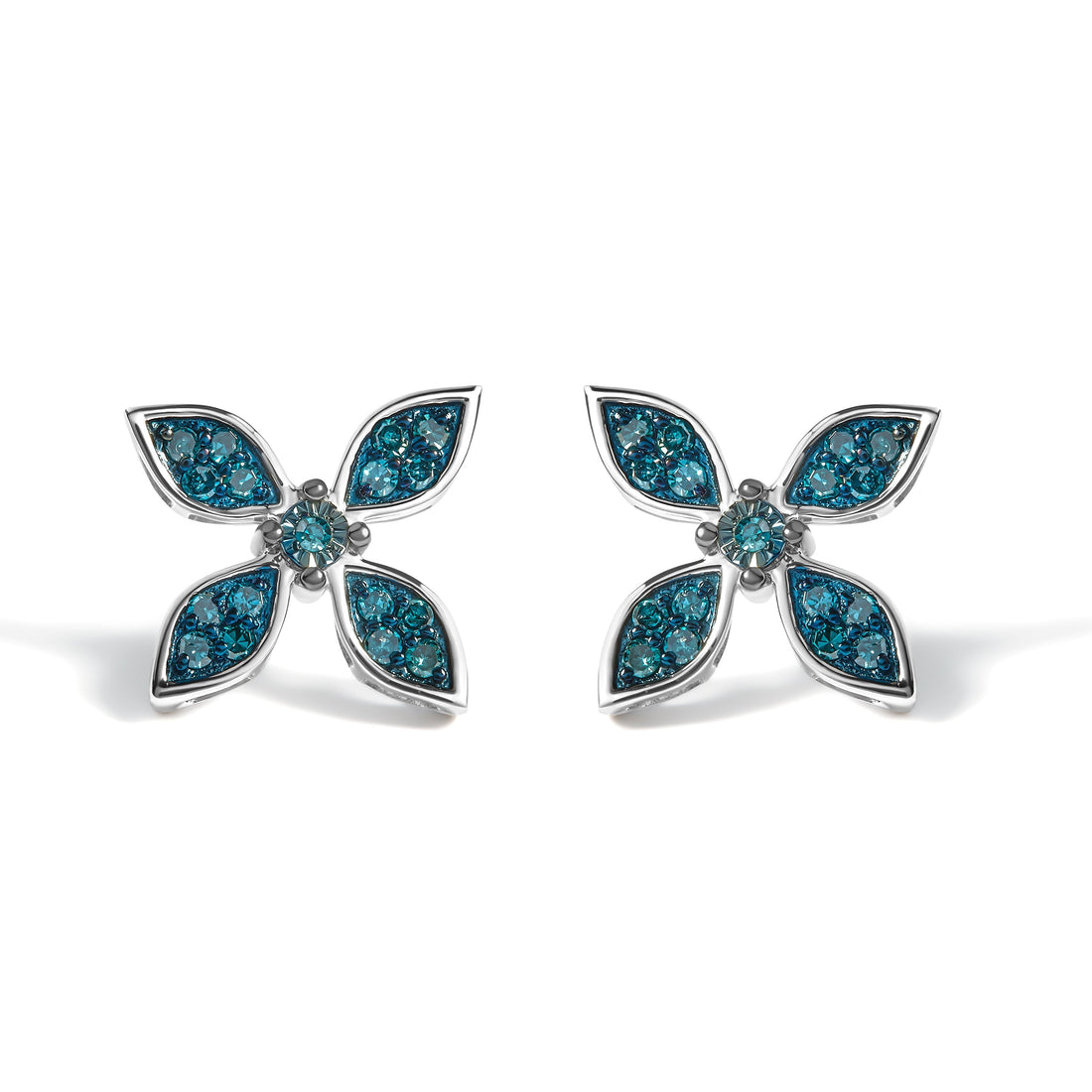 .925 Sterling Silver 1/3 Cttw Blue Diamond Floral Earrings  DestGlow