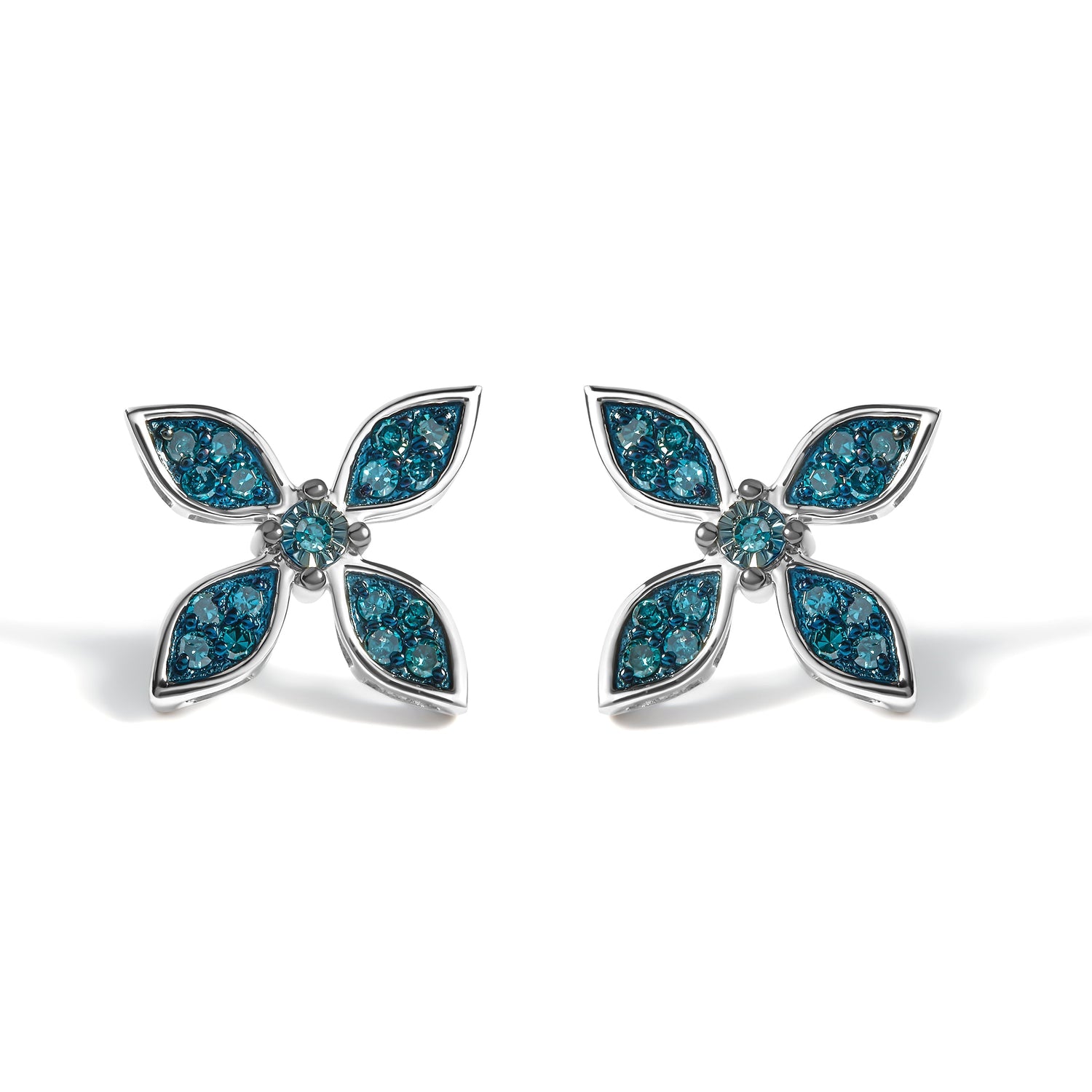 .925 Sterling Silver 1/3 Cttw Blue Diamond Floral Earrings  DestGlow