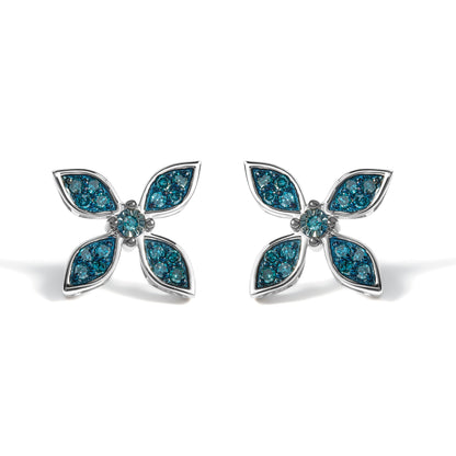 .925 Sterling Silver 1/3 Cttw Blue Diamond Floral Earrings  DestGlow