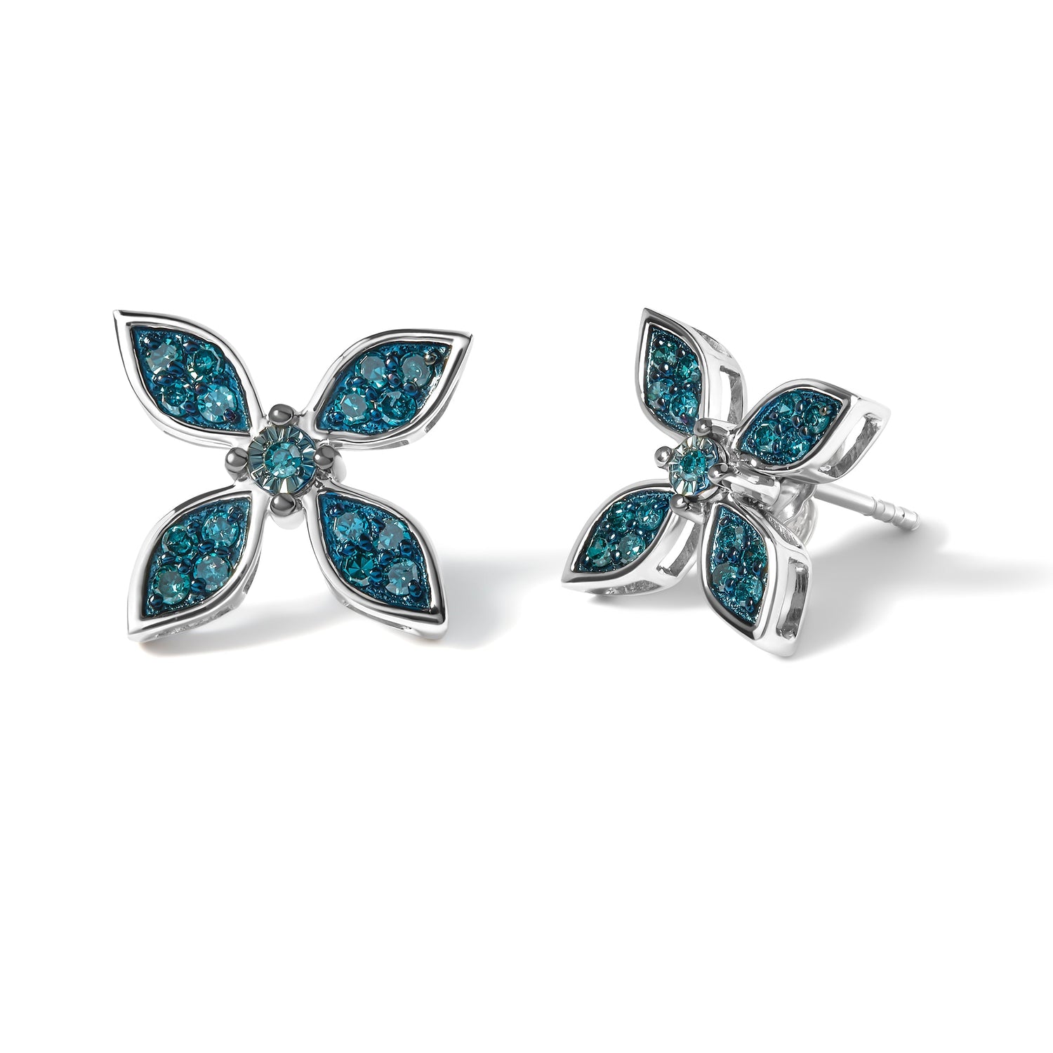 .925 Sterling Silver 1/3 Cttw Blue Diamond Floral Earrings  DestGlow
