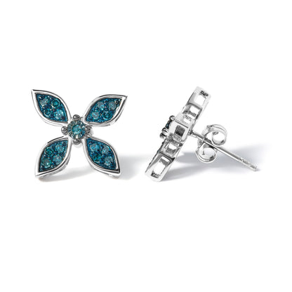 .925 Sterling Silver 1/3 Cttw Blue Diamond Floral Earrings  DestGlow