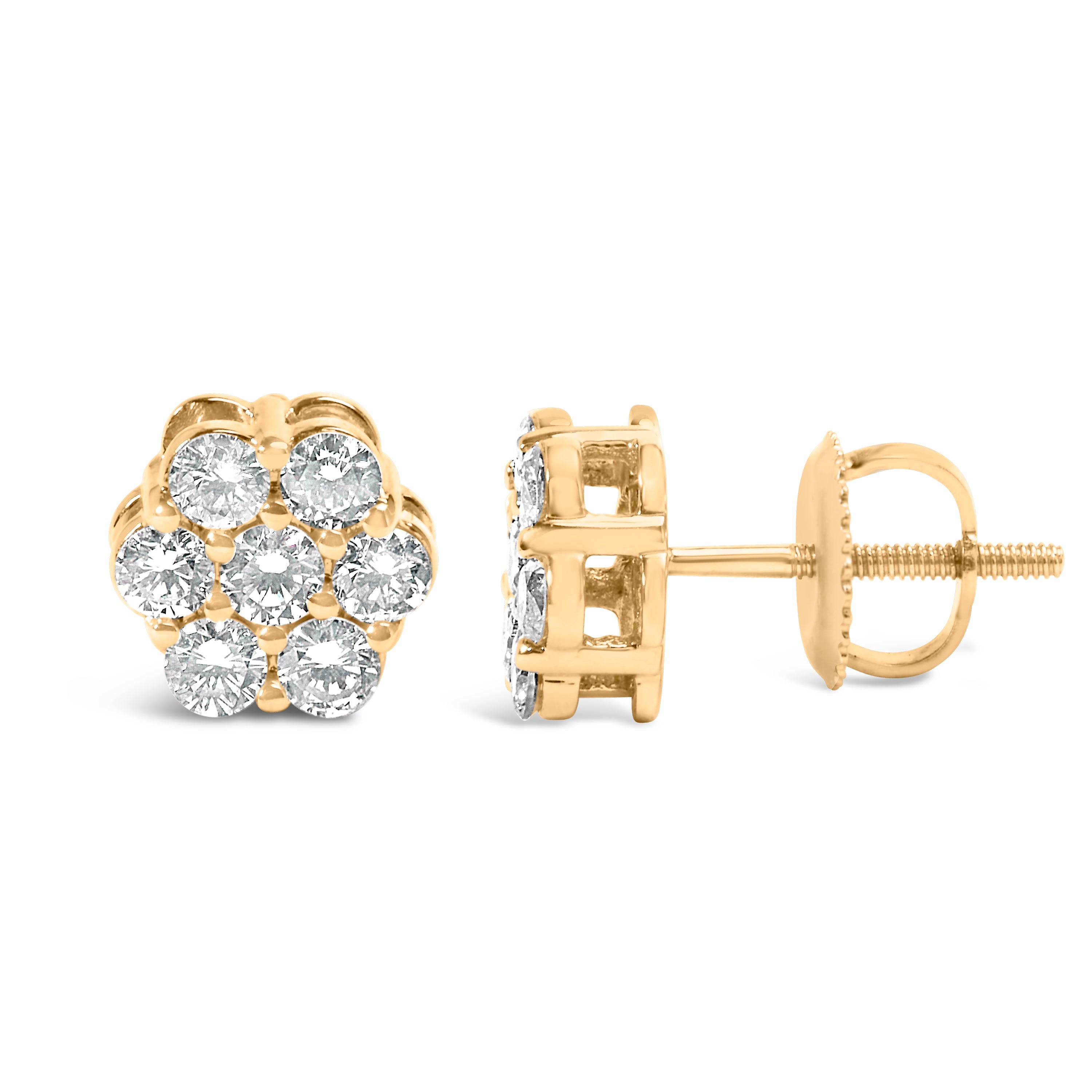 14K Yellow Gold 3/4 Cttw 7 Stone Floral Cluster Round Brilliant Cut Diamond Stud Earrings with Screw Backs (I-J Color, SI2-I1 Clarity) by Bids.com