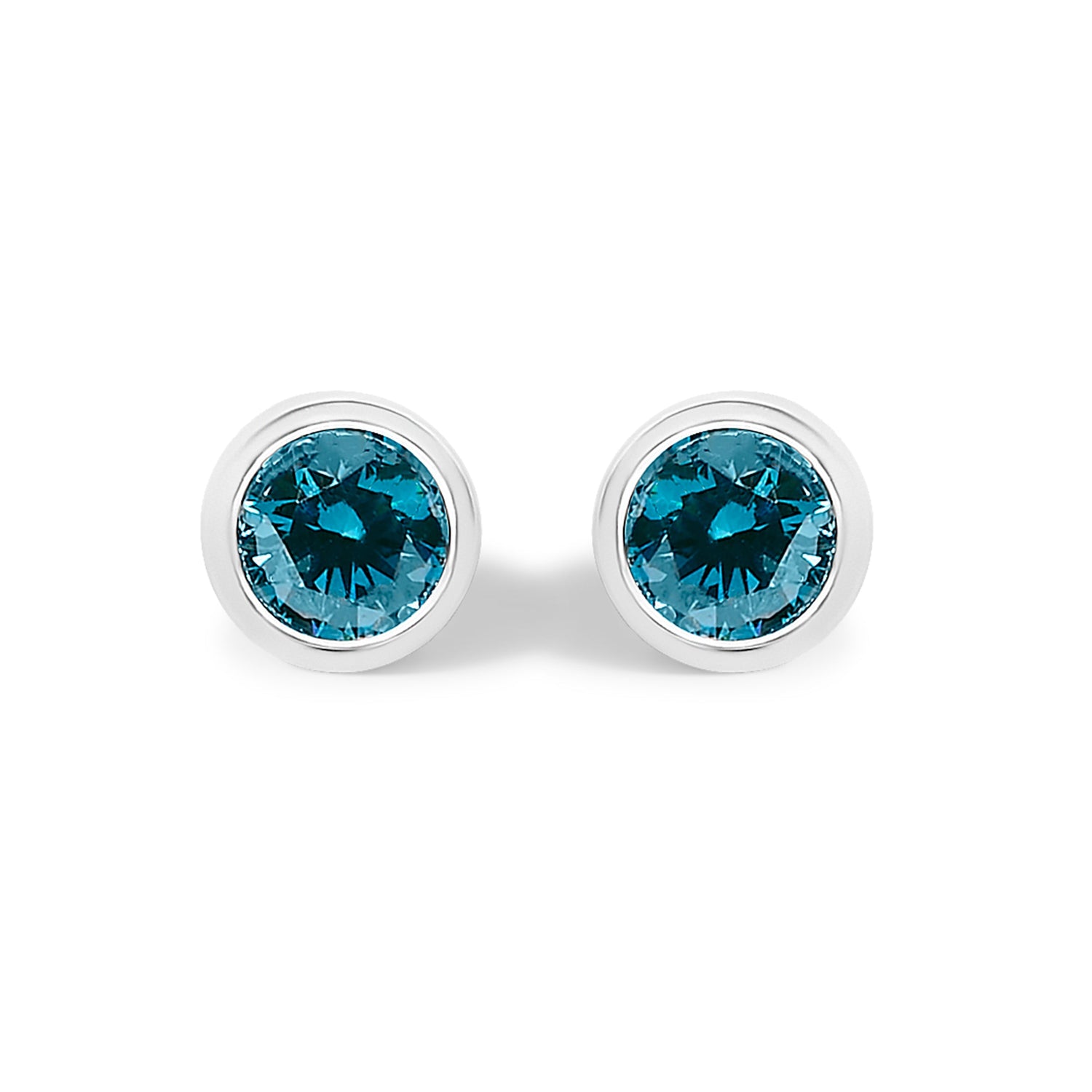14K White Gold 1.0 Cttw Bezel Set Lab Grown Blue Diamond Solitaire Stud Earrings  DestGlow