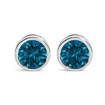14K White Gold 1.0 Cttw Bezel Set Lab Grown Blue Diamond Solitaire Stud Earrings  DestGlow