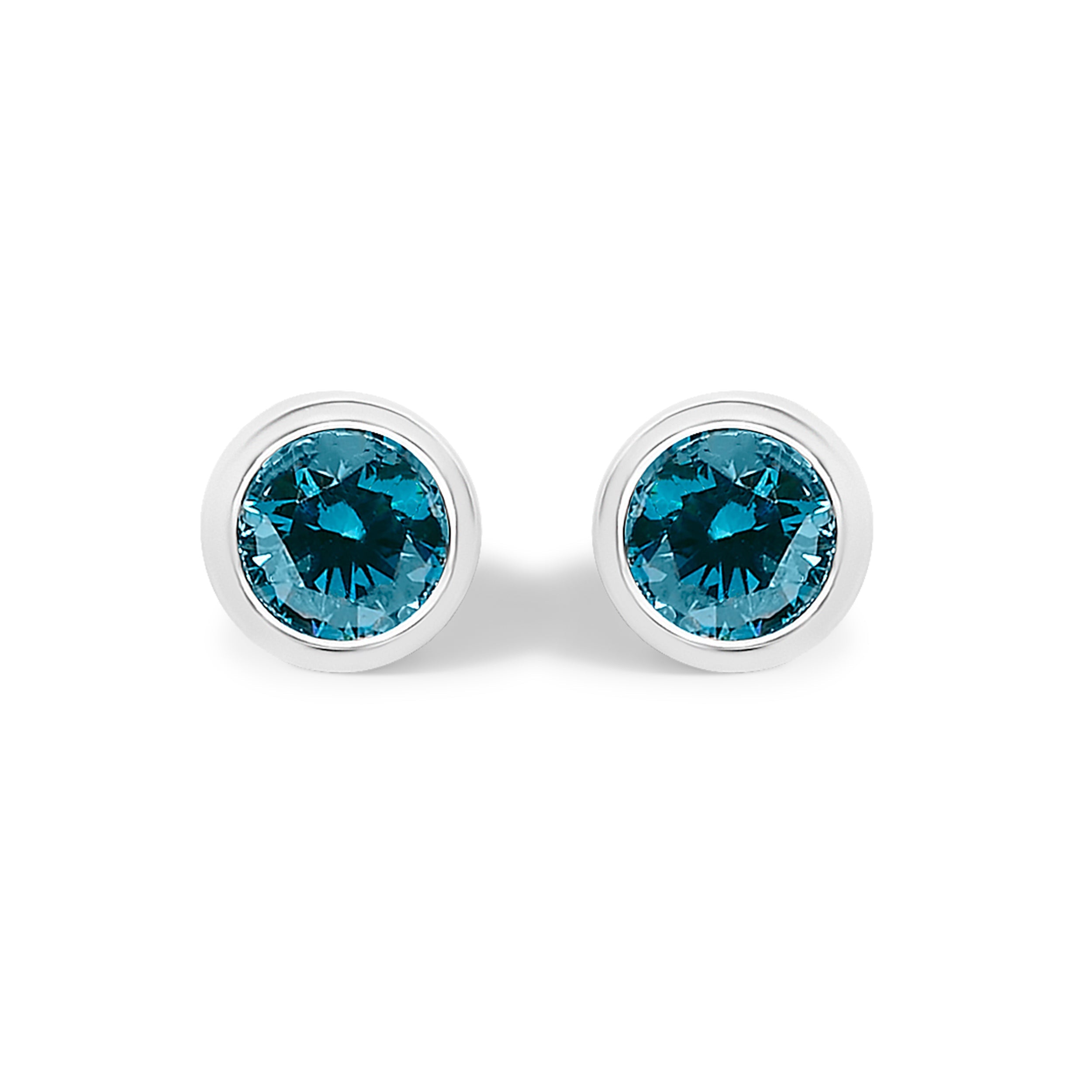 14K White Gold 1.0 Cttw Bezel Set Lab Grown Blue Diamond Solitaire Stud Earrings  DestGlow