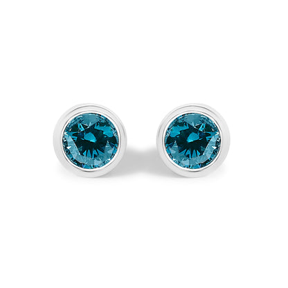 14K White Gold 1.0 Cttw Bezel Set Lab Grown Blue Diamond Solitaire Stud Earrings  DestGlow
