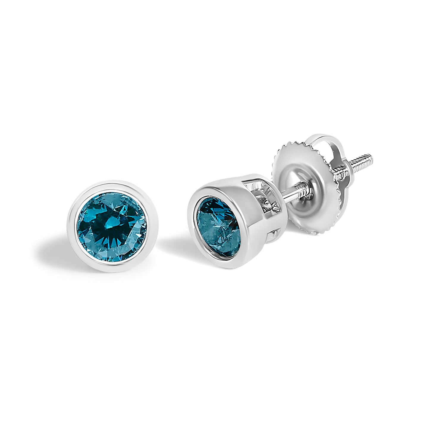 14K White Gold 1.0 Cttw Bezel Set Lab Grown Blue Diamond Solitaire Stud Earrings  DestGlow