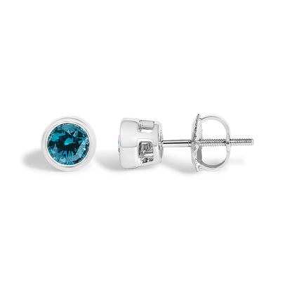 14K White Gold 1.0 Cttw Bezel Set Lab Grown Blue Diamond Solitaire Stud Earrings  DestGlow