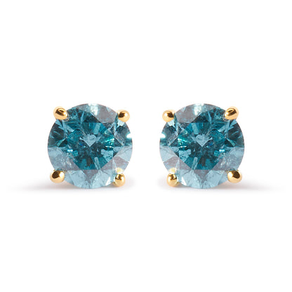 14K Yellow Gold 1.0 Cttw Treated Aqua Blue Diamond Classic Solitaire Stud Earrings (Aqua Blue Color, I2-I3 Clarity) by Bids.com