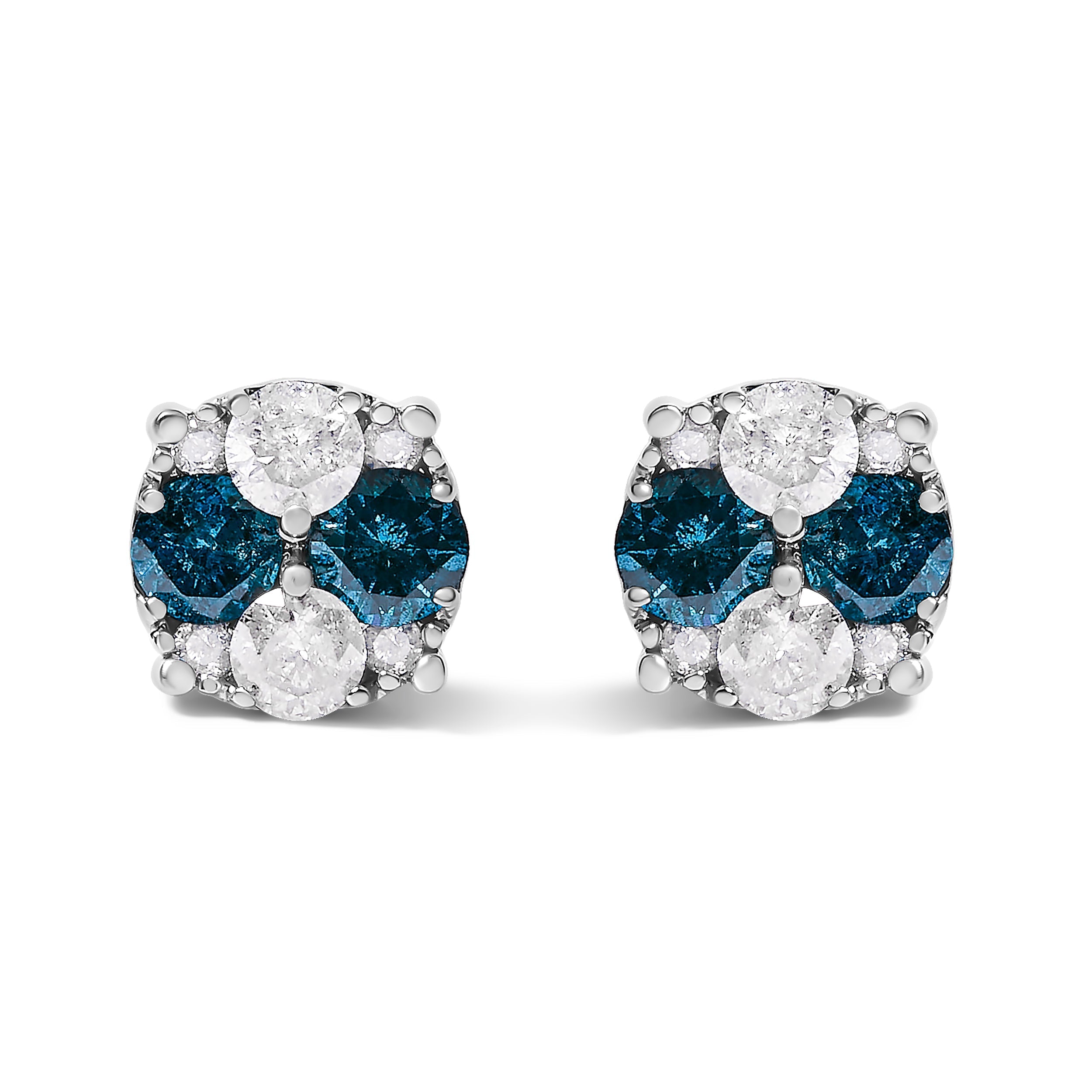 .925 Sterling Silver 2.0 Cttw Blue Diamond Composite Cluster Stud Earring  DestGlow
