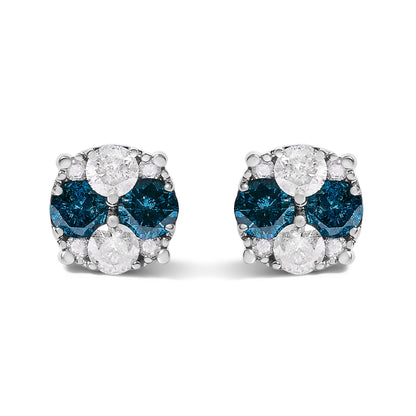.925 Sterling Silver 2.0 Cttw Blue Diamond Composite Cluster Stud Earring  DestGlow