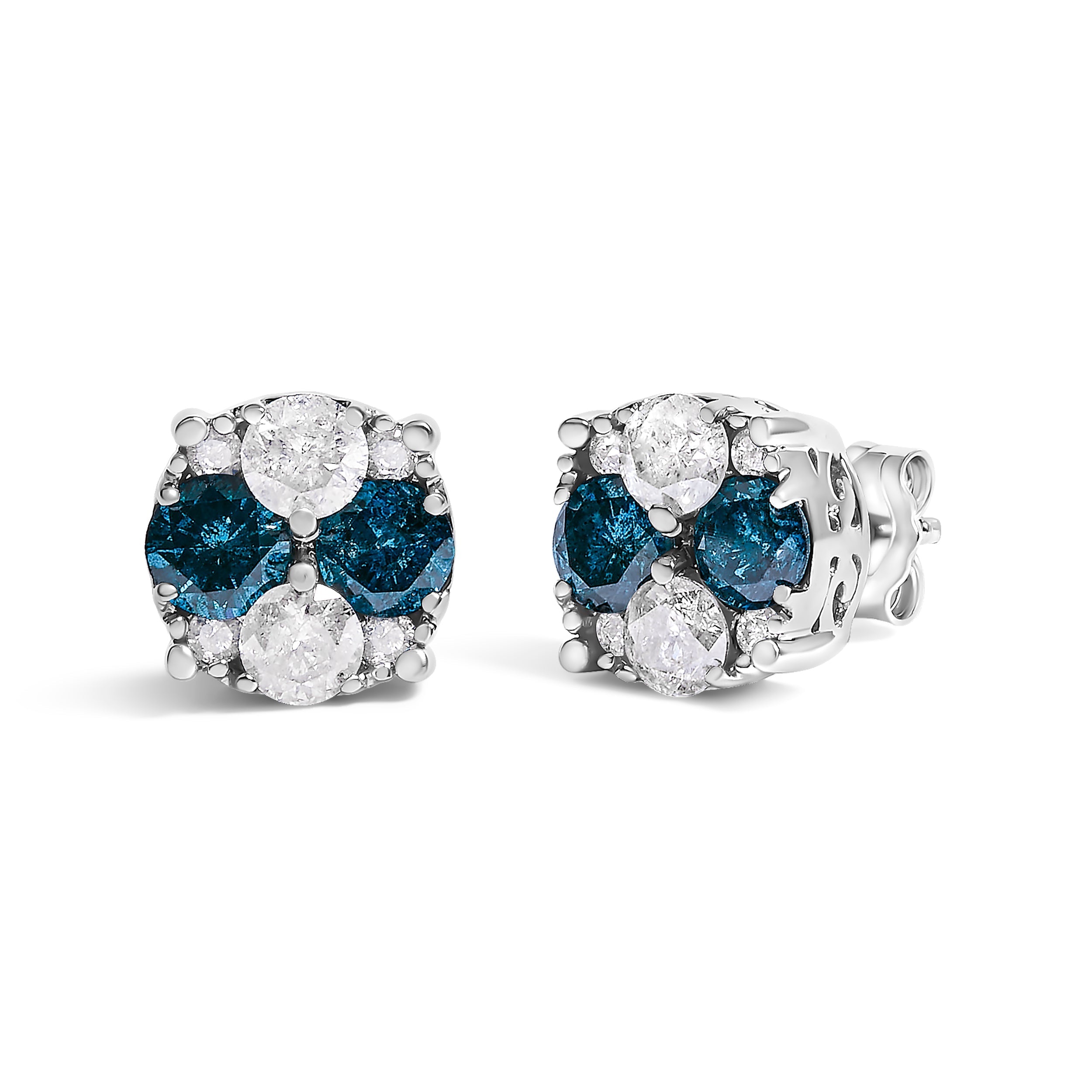 .925 Sterling Silver 2.0 Cttw Blue Diamond Composite Cluster Stud Earring  DestGlow