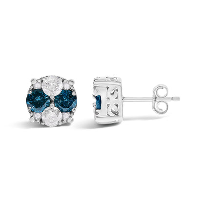 .925 Sterling Silver 2.0 Cttw Blue Diamond Composite Cluster Stud Earring  DestGlow
