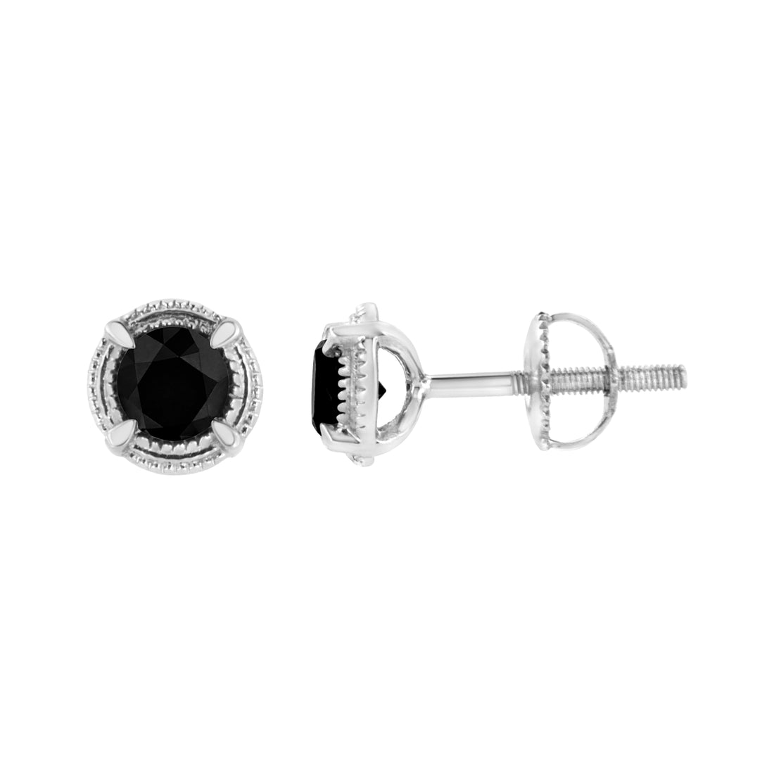 .925 Sterling Silver 1 cttw Treated Black Diamond Modern 4-Prong Solitaire Milgrain Stud Earrings (Black Color, I1-I2 Clarity) by Bids.com