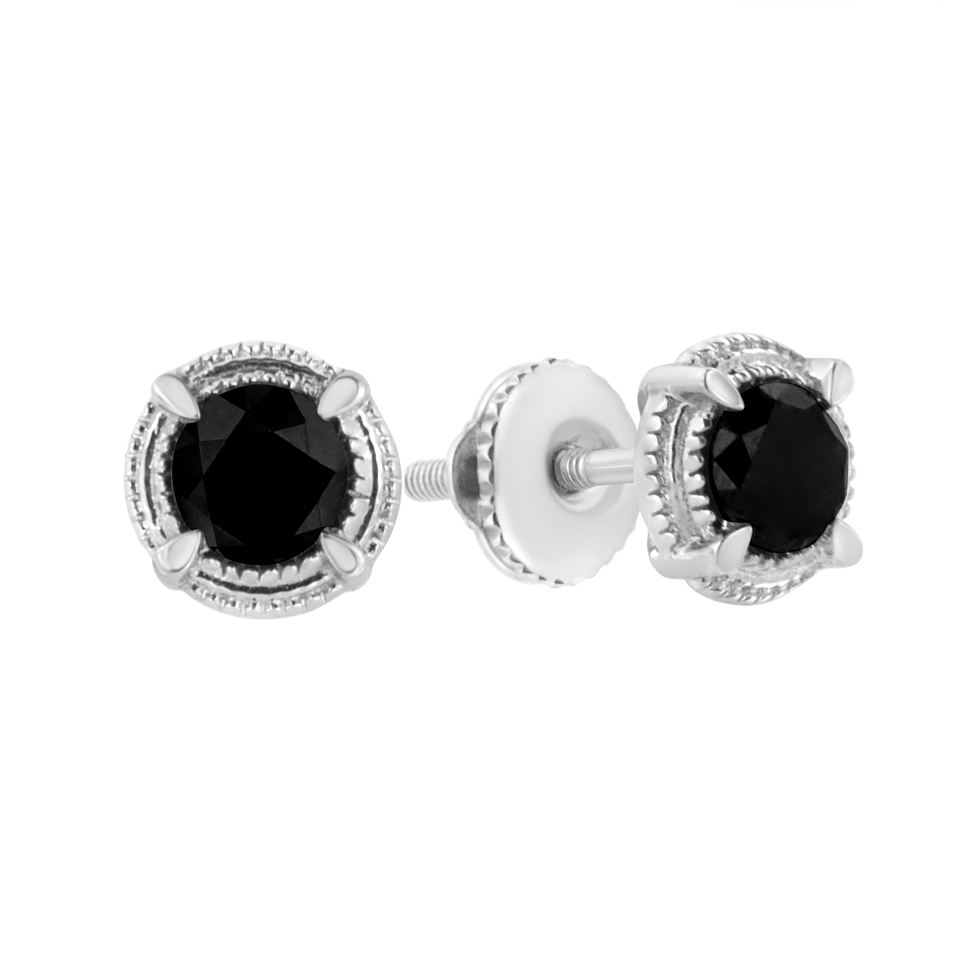 .925 Sterling Silver 1 cttw Treated Black Diamond Modern 4-Prong Solitaire Milgrain Stud Earrings (Black Color, I1-I2 Clarity) by Bids.com