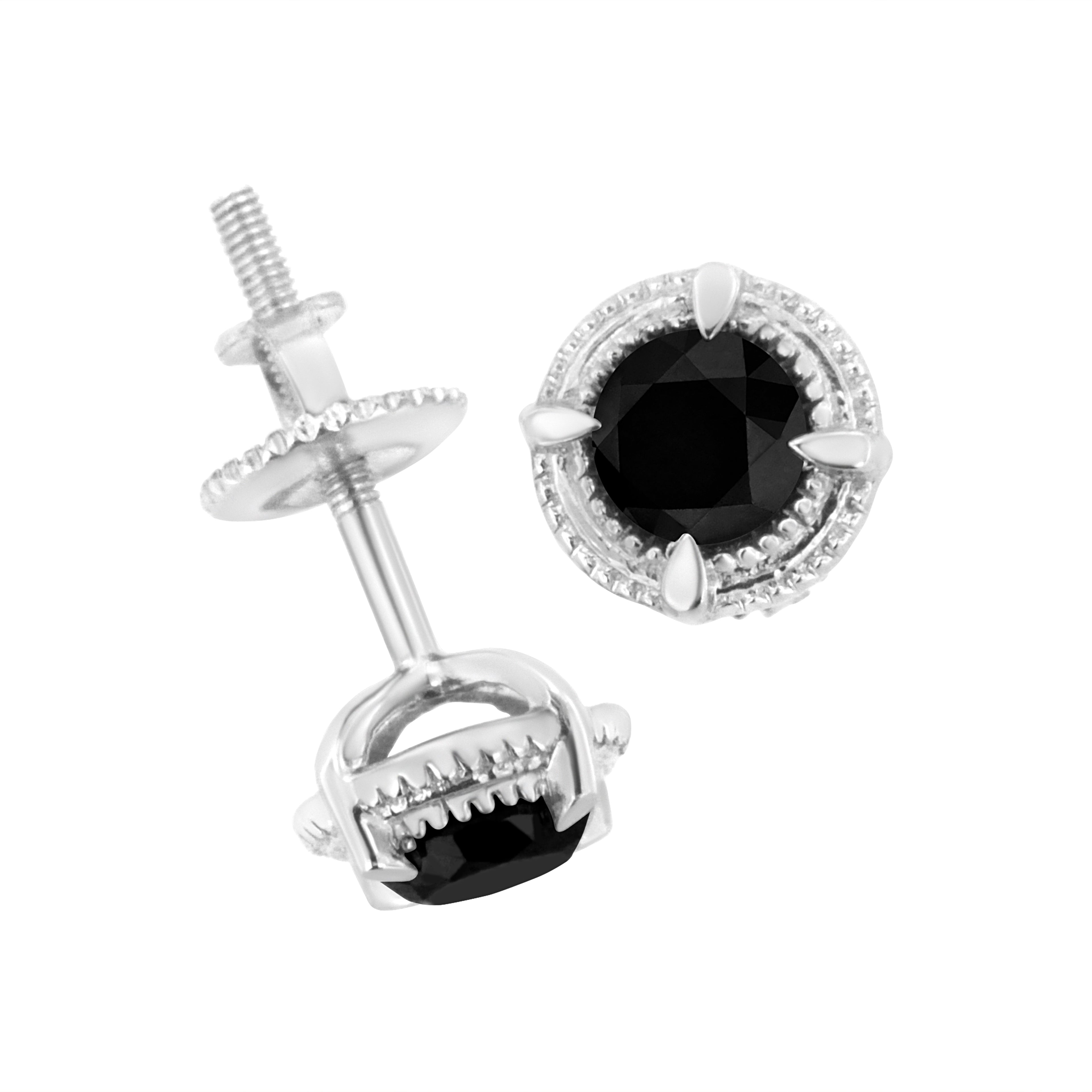 .925 Sterling Silver 1 cttw Treated Black Diamond Modern 4-Prong Solitaire Milgrain Stud Earrings (Black Color, I1-I2 Clarity) by Bids.com