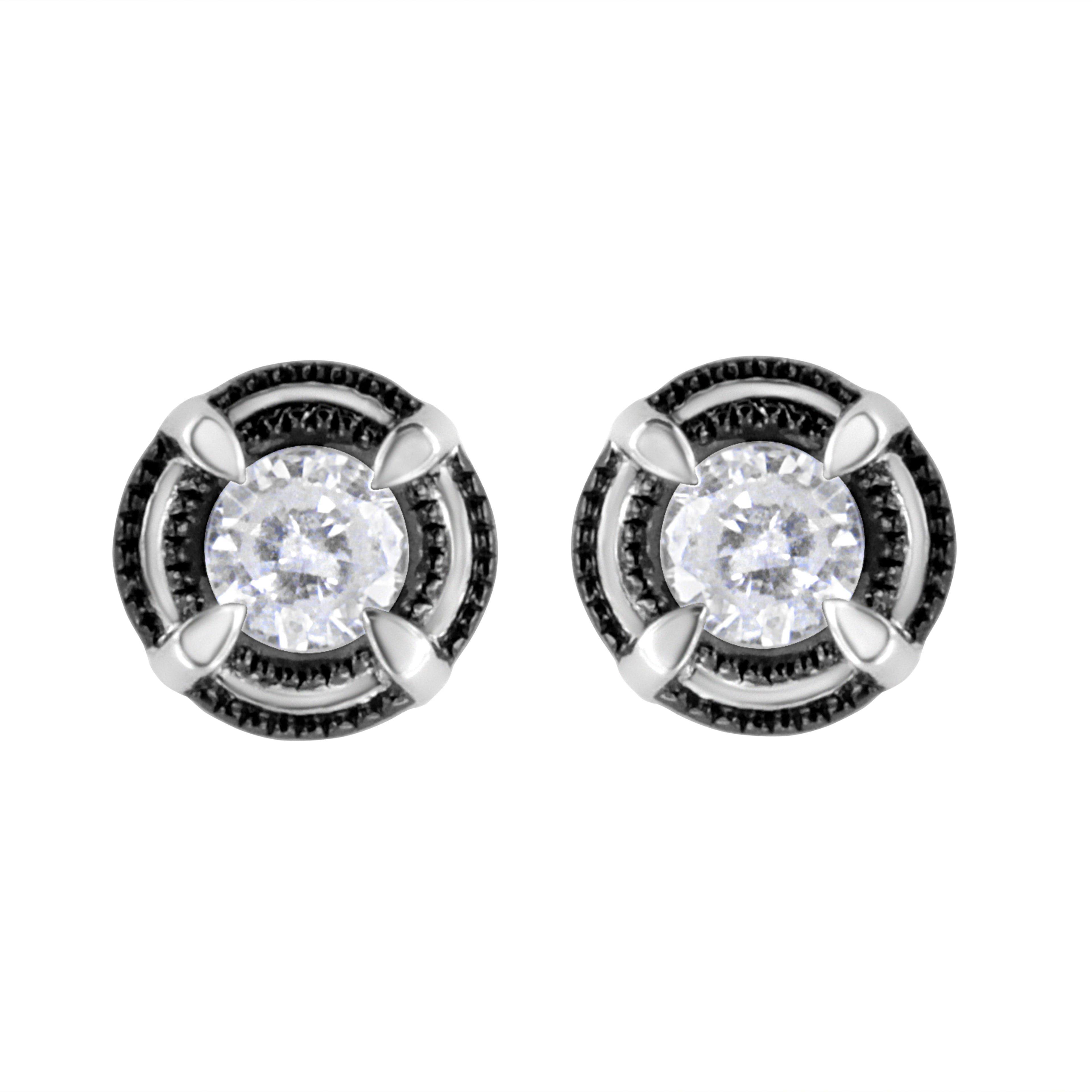 Black Rhodium Plated .925 Sterling Silver Round 1-1/2 cttw Diamond Double Halo 4-Prong Solitaire Milgrain Stud Earrings (H-I Color, I2-I3 Clarity) by Bids.com