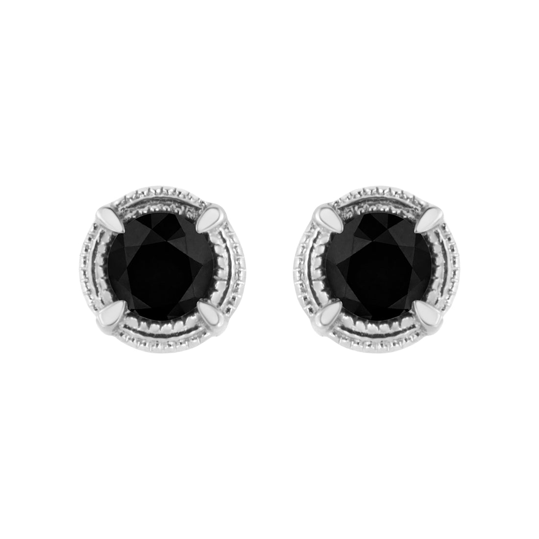 .925 Sterling Silver 1 cttw Treated Black Diamond Modern 4-Prong Solitaire Milgrain Stud Earrings (Black Color, I1-I2 Clarity) by Bids.com