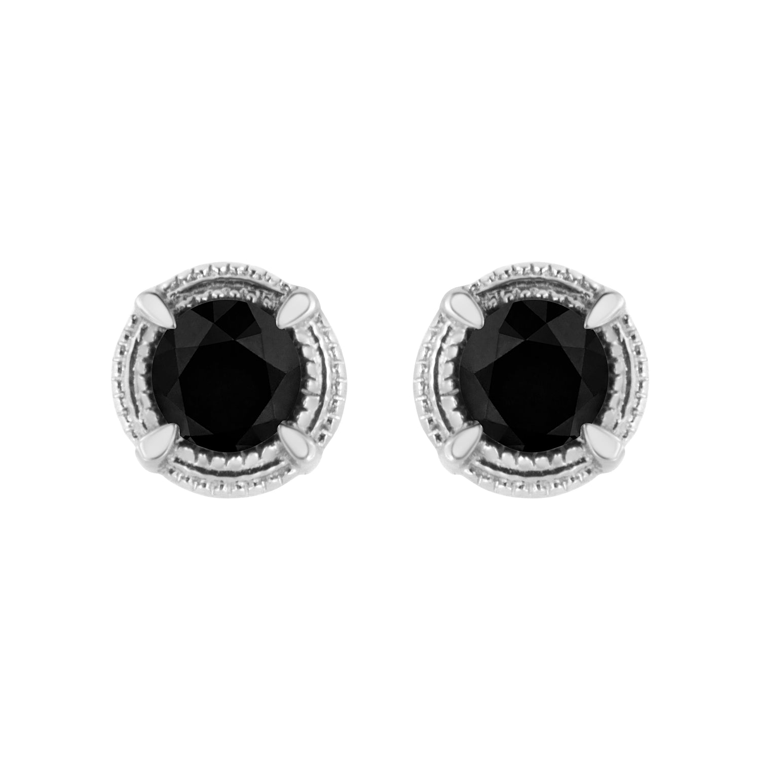 .925 Sterling Silver 1 cttw Treated Black Diamond Modern 4-Prong Solitaire Milgrain Stud Earrings (Black Color, I1-I2 Clarity) by Bids.com