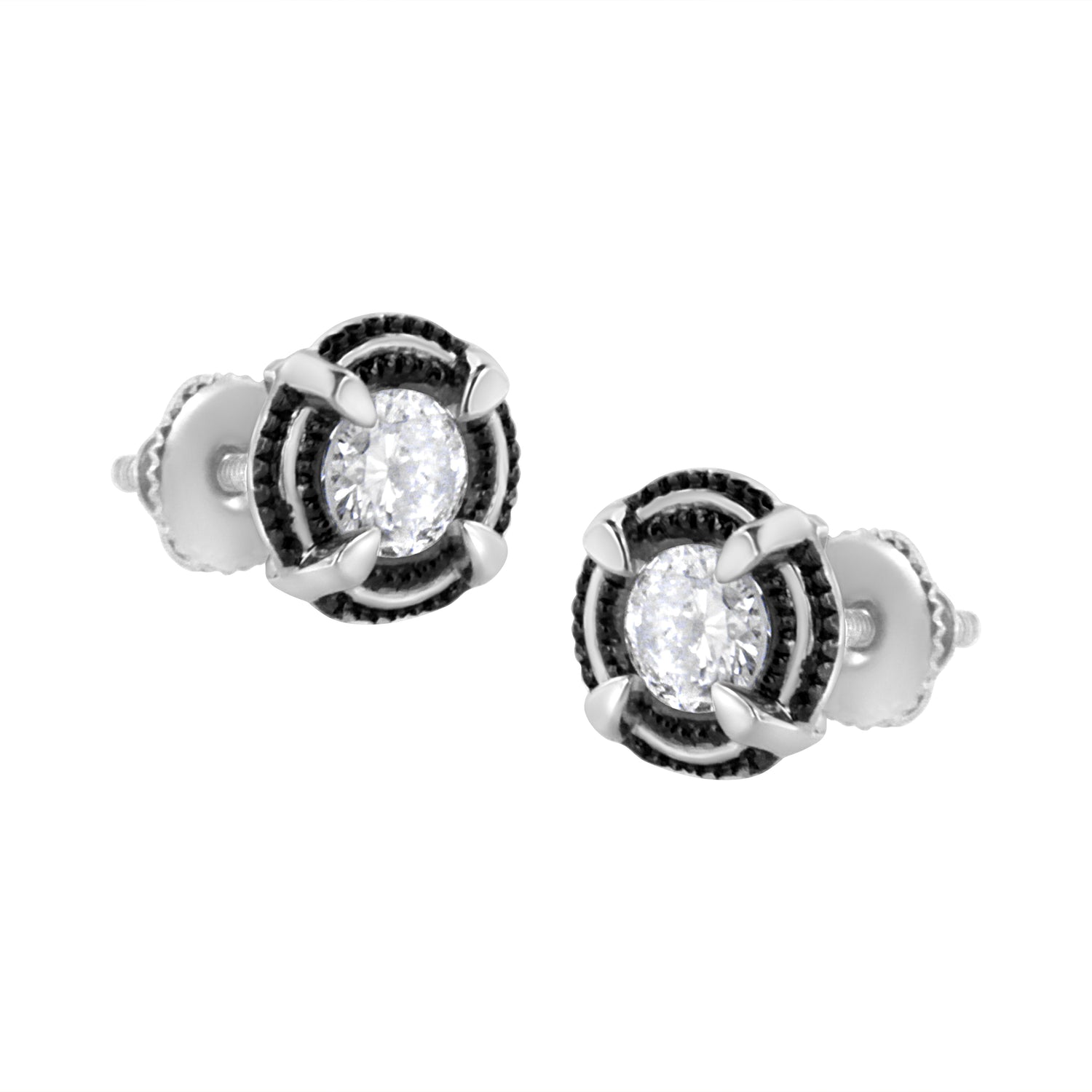 Black Rhodium Plated .925 Sterling Silver Round 1-1/2 cttw Diamond Double Halo 4-Prong Solitaire Milgrain Stud Earrings (H-I Color, I2-I3 Clarity) by Bids.com