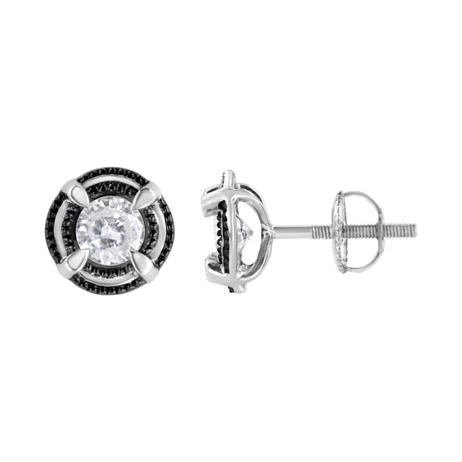 Black Rhodium Plated .925 Sterling Silver Round 1-1/2 cttw Diamond Double Halo 4-Prong Solitaire Milgrain Stud Earrings (H-I Color, I2-I3 Clarity) by Bids.com