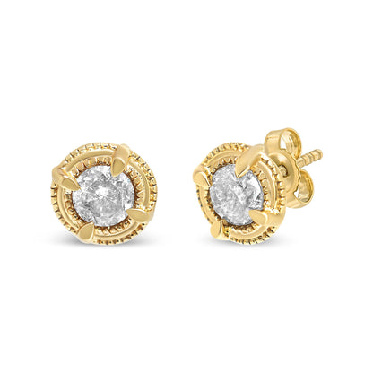 14K Yellow Gold Plated .925 Sterling Silver 1.0 Cttw Round Brilliant Cut Diamond Solitaire Milgrain Stud Earrings (K-L Color, I2-I3 Clarity) by Bids.com