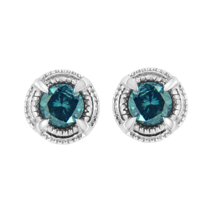 .925 Sterling Silver 1 cttw Treated Black Diamond Modern 4-Prong Solitaire Milgrain Stud Earrings (Black Color, I1-I2 Clarity) by Bids.com