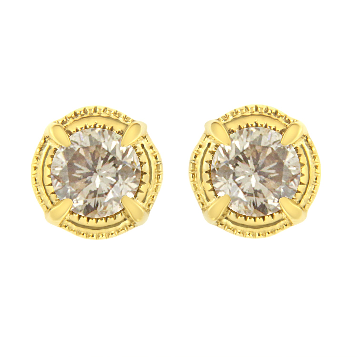14K Yellow Gold Plated .925 Sterling Silver 1.0 Cttw Round Brilliant Cut Diamond Solitaire Milgrain Stud Earrings (K-L Color, I2-I3 Clarity) by Bids.com