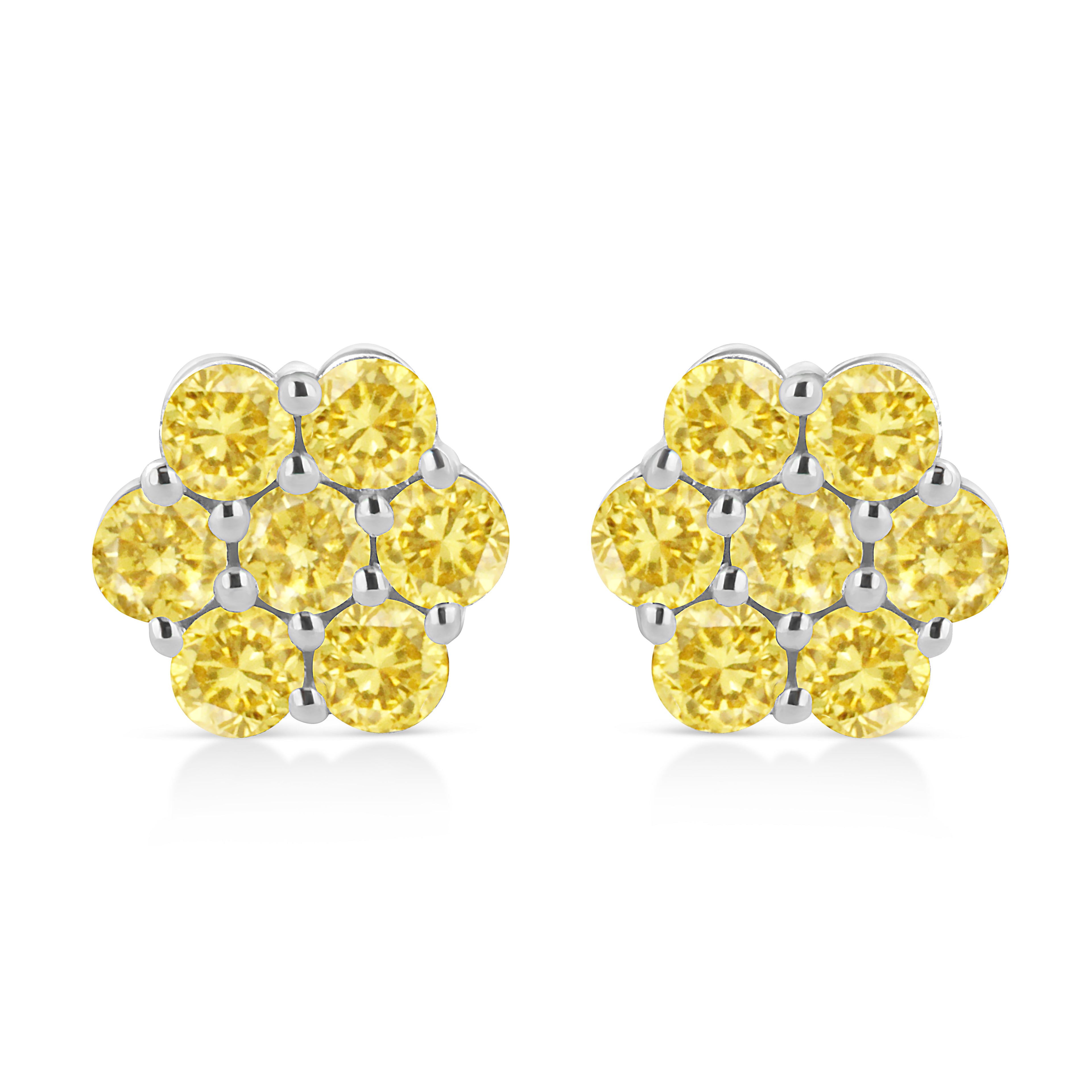 .925 Sterling Silver 1/4 Cttw Treated Yellow Diamond Floral Stud Earrings (Yellow Color, I1-I2 Clarity) by Bids.com