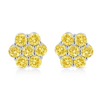 .925 Sterling Silver 1/4 Cttw Treated Yellow Diamond Floral Stud Earrings (Yellow Color, I1-I2 Clarity) by Bids.com