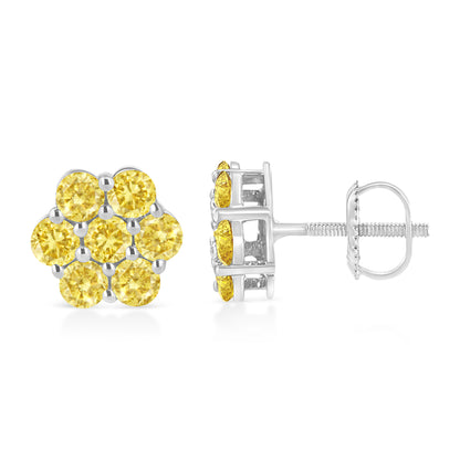 .925 Sterling Silver 1/4 Cttw Treated Yellow Diamond Floral Stud Earrings (Yellow Color, I1-I2 Clarity) by Bids.com