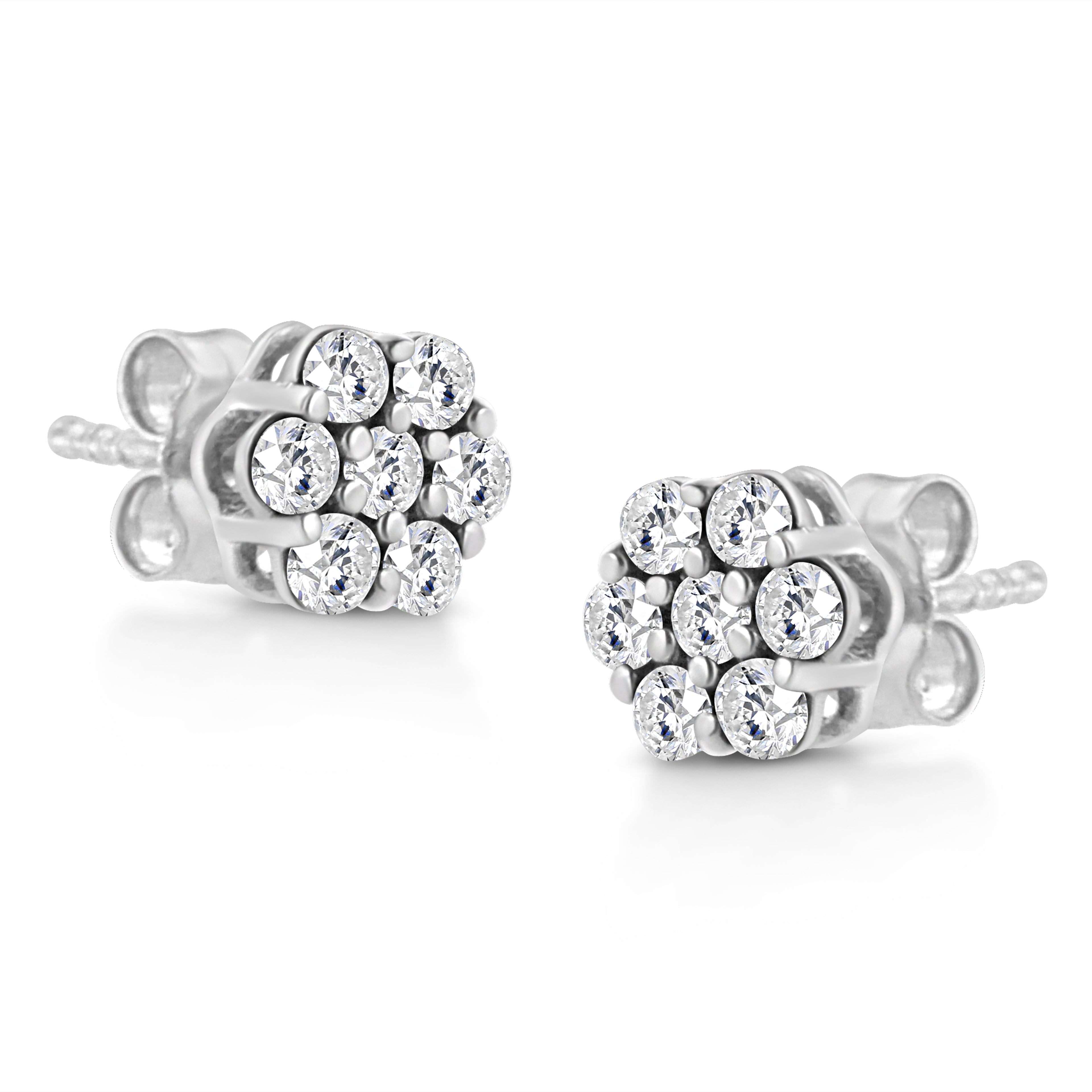 14K White Gold 1/2 Cttw Prong Set Round-Cut Diamond Flower Stud Earring (H-I Color, I1-I2 Clarity) by Bids.com