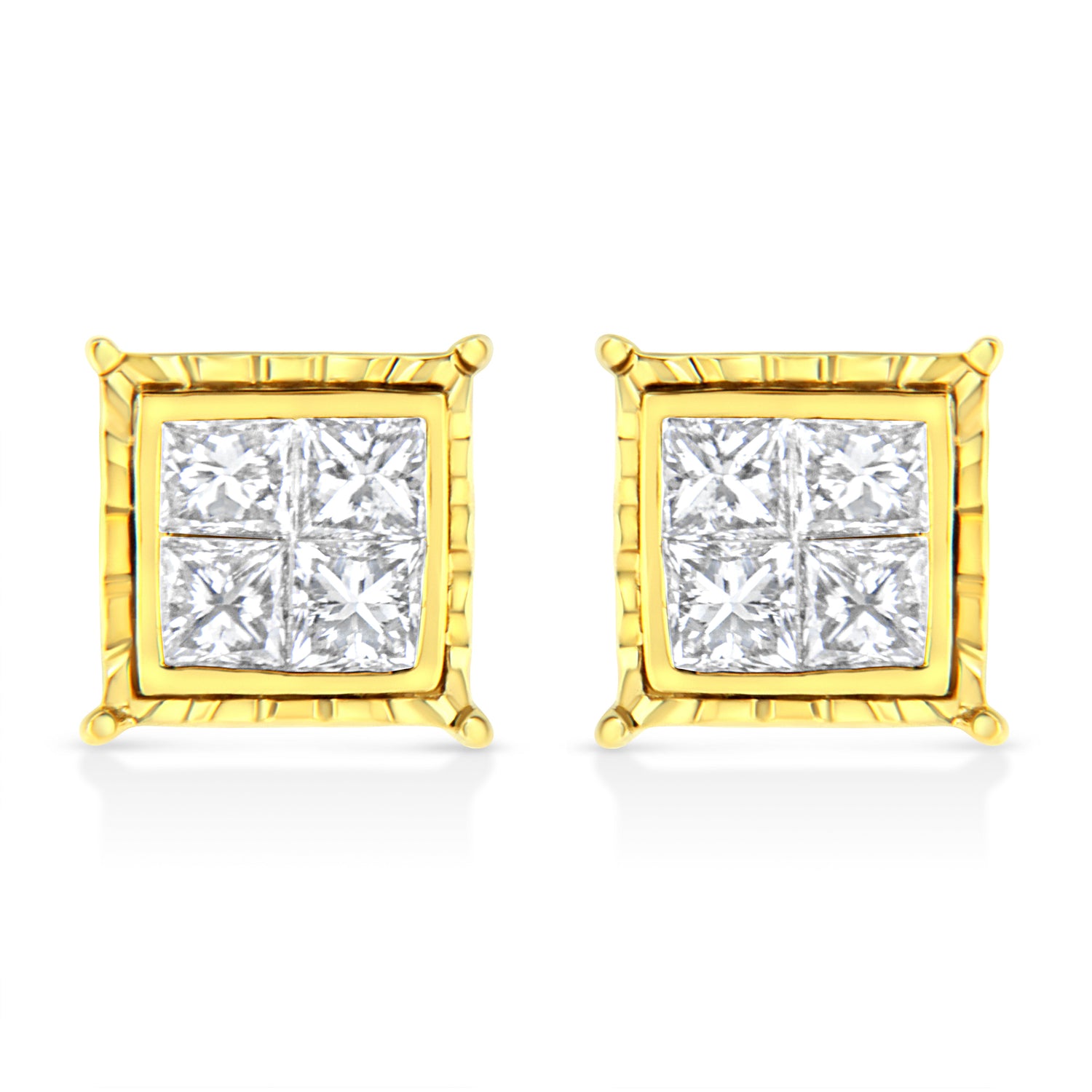14K Yellow Gold 1.0 Cttw Invisible Set Princess-Cut Diamond Composite 8 Stone Stud Earrings (I-J Color, SI1-SI2 Clarity) by Bids.com